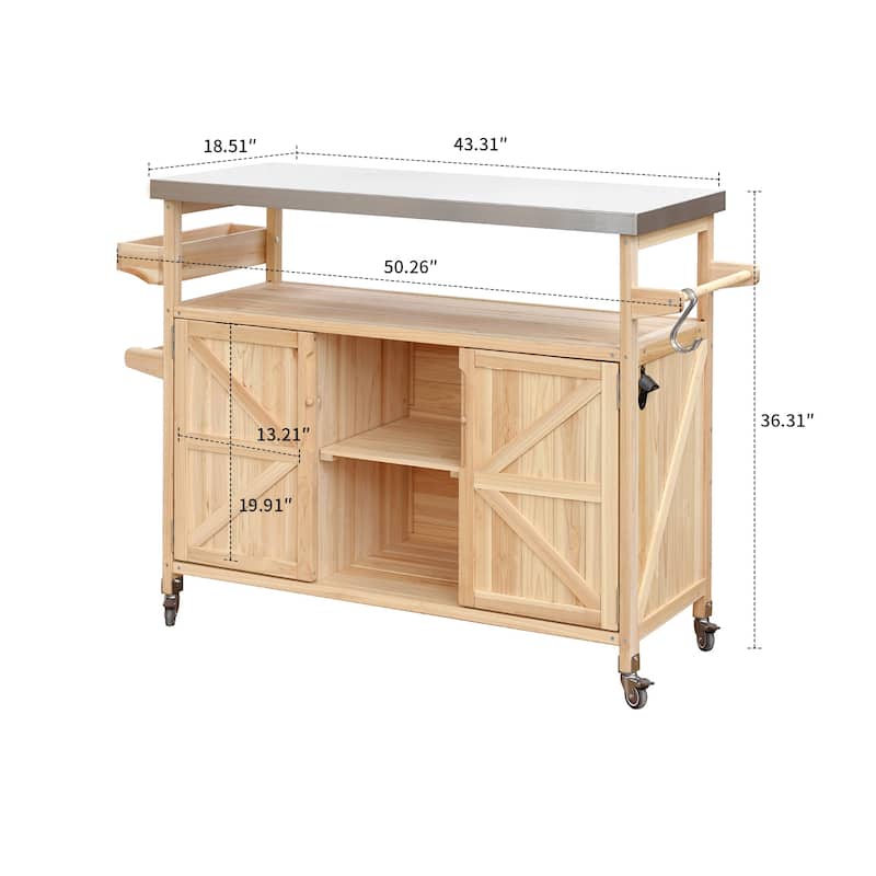 Vintage Stylish Wooden Kitchen Island with Stainless Steel Top, Indoor/Outdoor Use