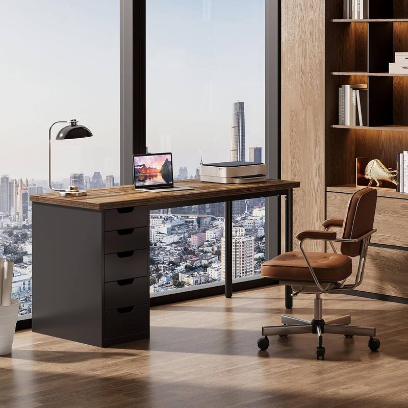 PC/Computer Desk with 5 Reversible Drawers, Home Office Desk with Storage, Laptop Desk Study Writing Table Workstation