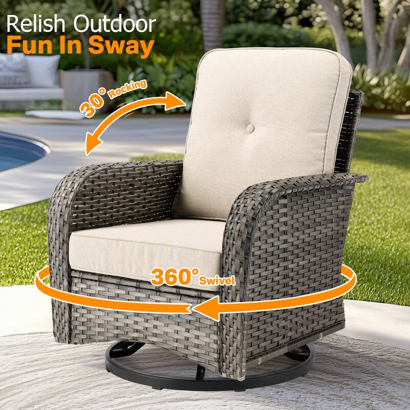 OVIOS 7-piece Patio Wicker Swivel Rocking Chair Set With Fire Pit