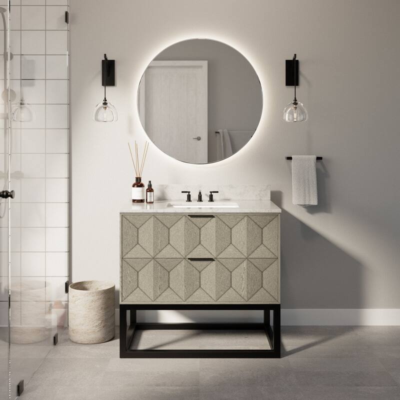 KitchenBathCollection Henley 36" Bathroom Vanity with Carrara Marble Top - Gray Oak