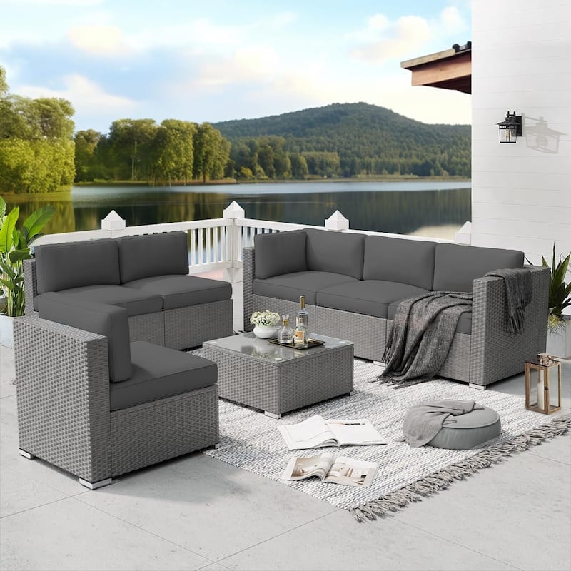 7-piece Outdoor Patio Grey Wicker Rattan Cushioned Sectional Sofa Conversation Set