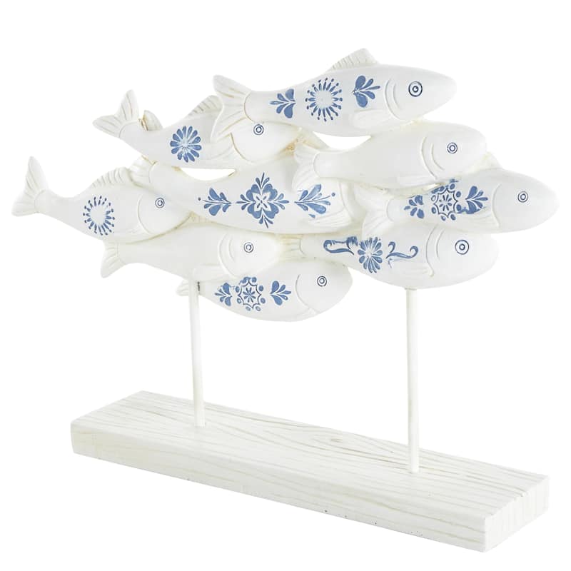 Polystone Fish Decorative Sculpture with Blue Floral Patterns and Stand - White - Roche River Decor - White