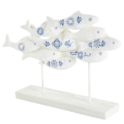 Polystone Fish Decorative Sculpture with Blue Floral Patterns and Stand - White - Roche River Decor