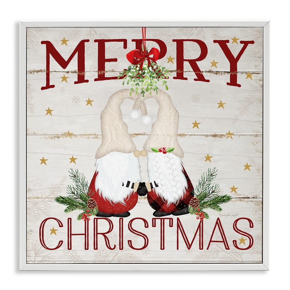 Stupell Merry Christmas Holiday Phrase Gnomes Under Mistletoe Framed Wall Art,12x12