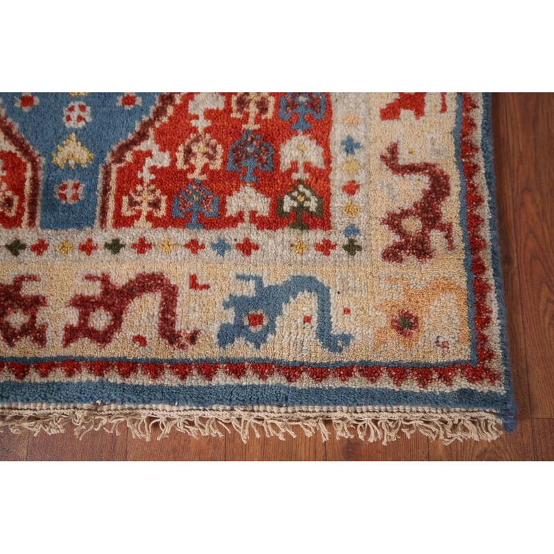 Blue Geometric Kazak Indian Foyer Rug Handmade Wool Carpet - 2'6"x 6'0"