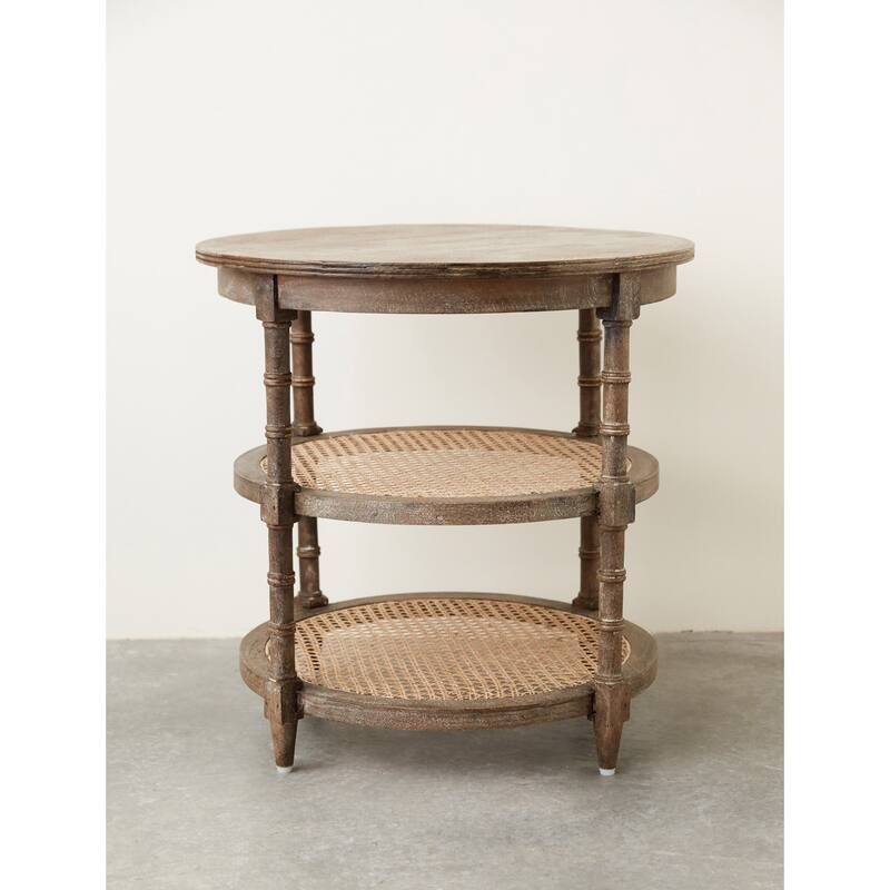 Round Mango Wood Table with 2 Cane Shelves