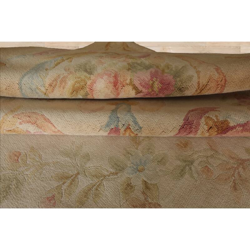 12x18 Hand Knotted Beige Silk Traditional Plush Pile Aubusson Savonnerie Rug - 12' x 18'