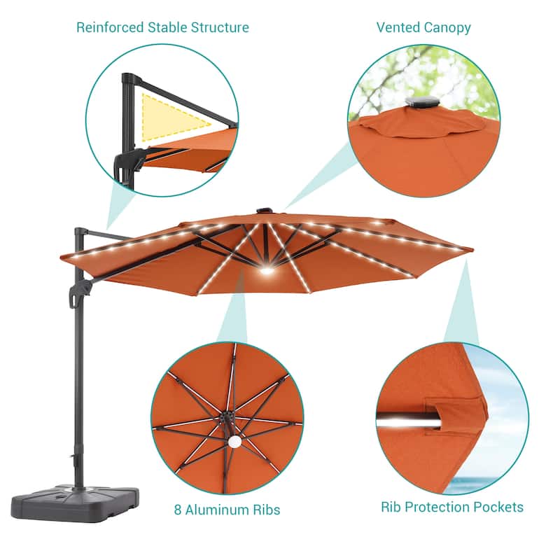 11FT Solar LED Patio Cantilever Umbrella With Resin Base by Bonosuki