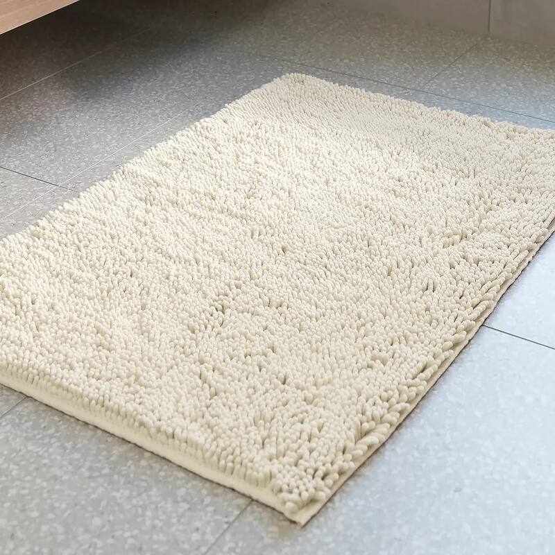2 Piece Set Cream Soft Cozy Plush Chenille Bath Mat Bathroom Rug