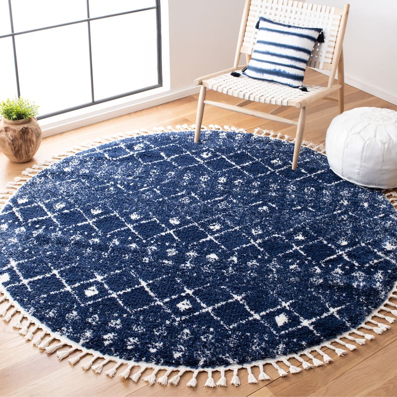 SAFAVIEH Berber Fringe Mirveta Liller Trellis Area Rug - 6'7" Round - Dark Blue/Ivory