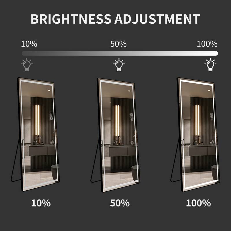 64'' x 21'' Rectangle Black Framed Full Length Mirror with Dimmable LED Light Freestanding or Wall Hang