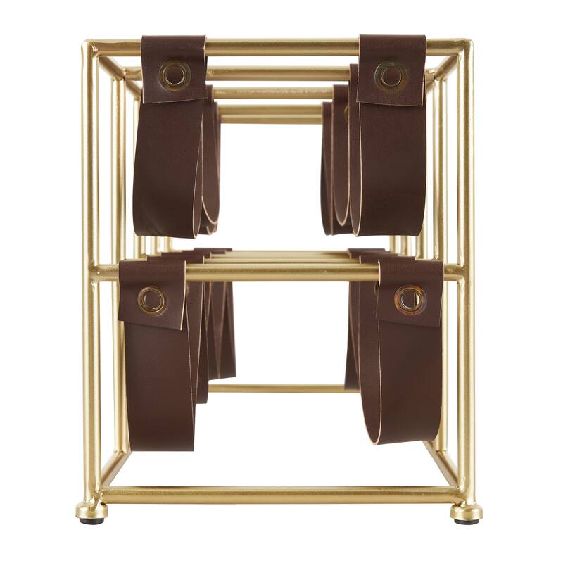Gold Metal Wine Rack with Faux Leather Holding Straps