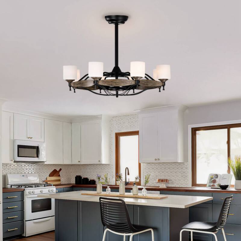 33 inch Chandelier Ceiling Fan for Bedroom Dining Room Living Room Kitchen Farmhouse Entry,Matte Black+ Wood Grain