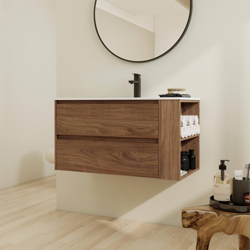 Bathroom Vanity With Sink In 30/36 Inch, Floating Bathroom Vanity With Soft Close Drawers and adjustable shelves - 36"W-Ceramic Sink (Assembly Required) - Brown Oak