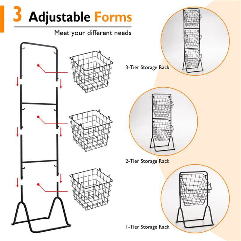 3-Tier Black Steel Kitchen Counter Fruit Basket Stand with Removable Wire Baskets - 12" x 11" x 42.5"(L x W x H)