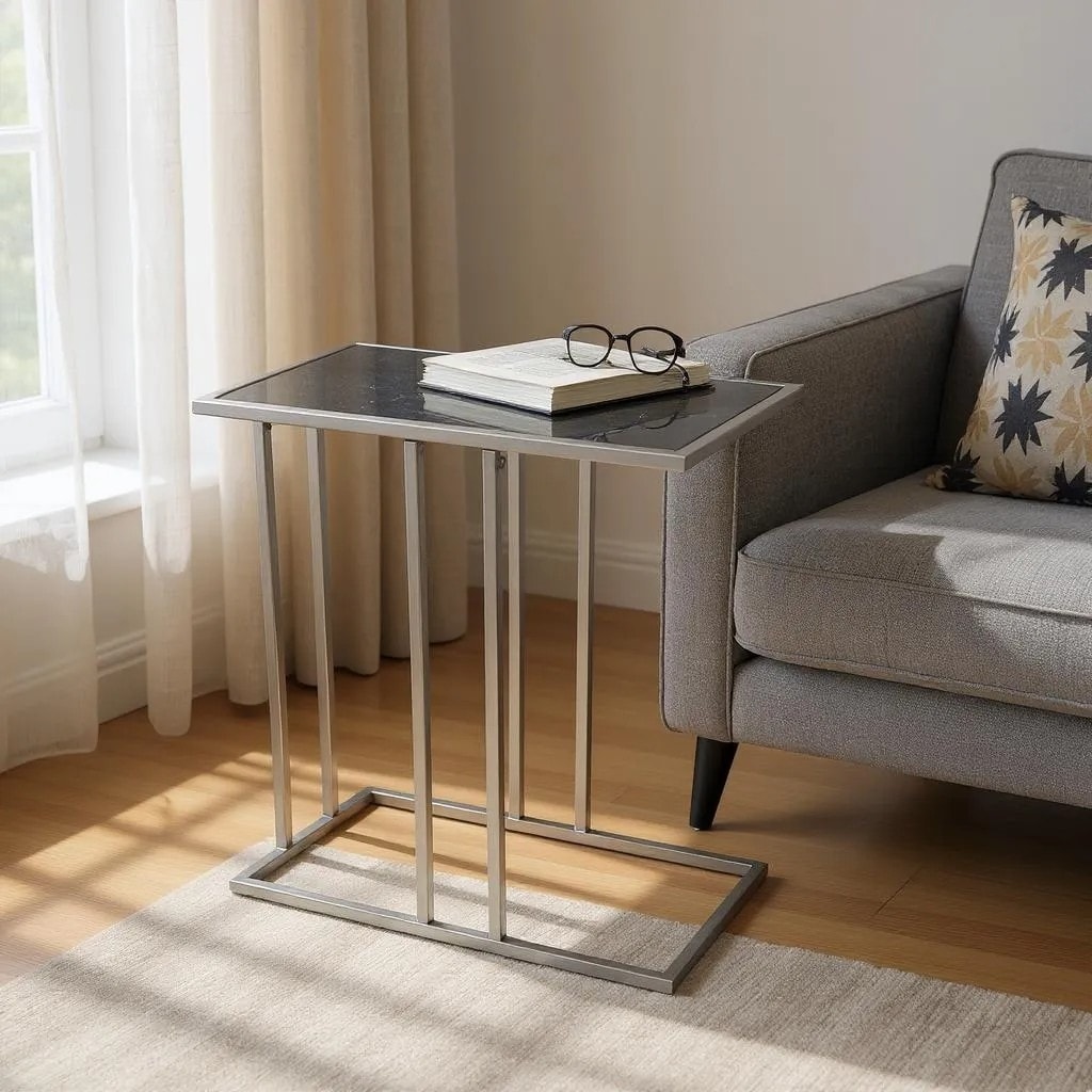 HomeRoots 26" Black and Gunmetal Marble and Iron Frame End Table - 12.75 in. x 26.00 in. x 23.50 in.
