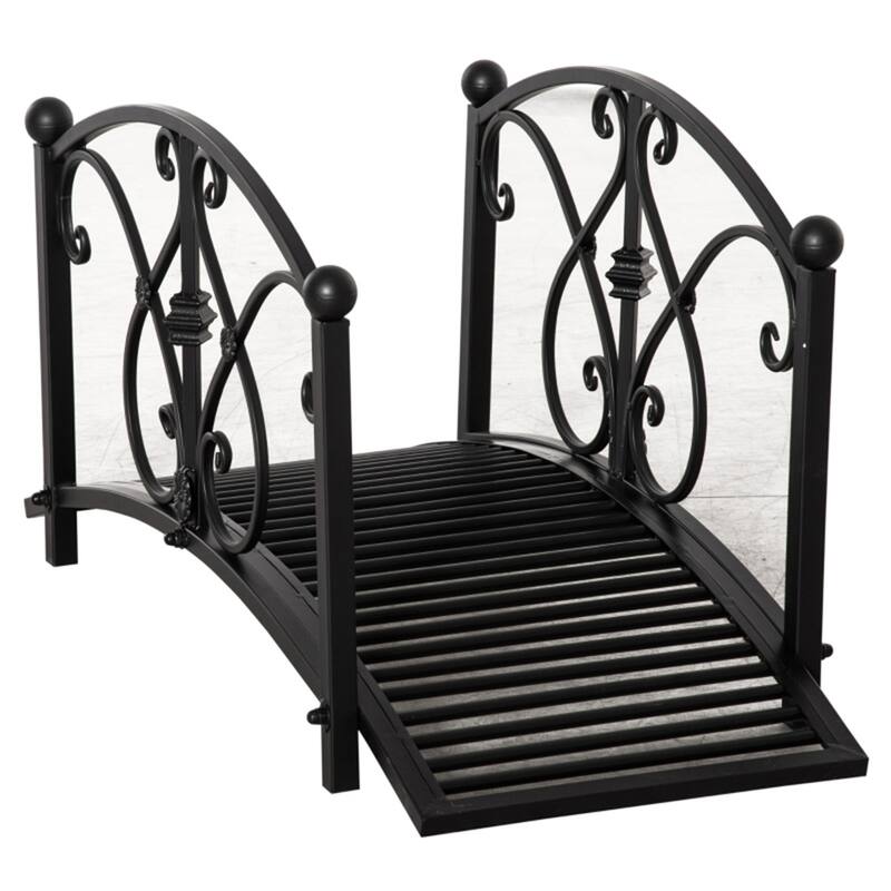 Vintage Style Decorative Steel Garden Bridge with Floral Motifs and Safety Side Rails for Outdoor Pond Stream