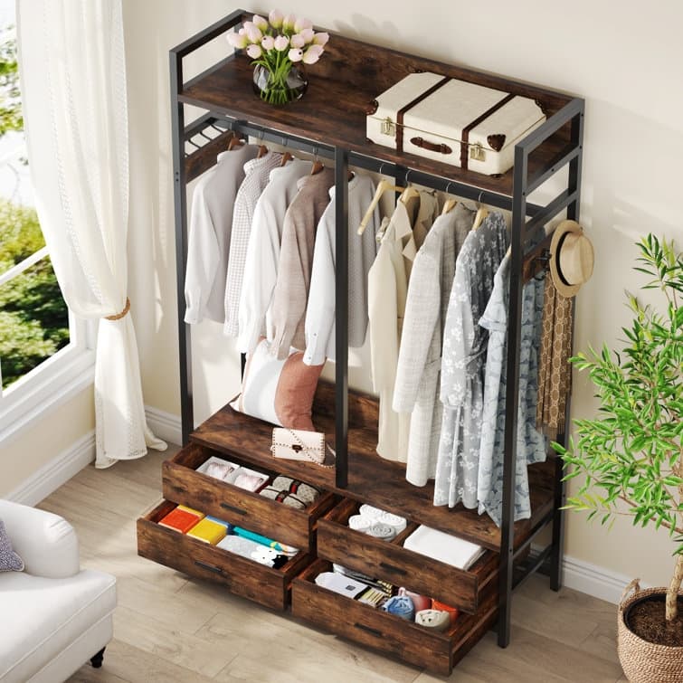 Freestanding Closet Organizer for Hanging Clothes, Heavy Duty Wardrobe Closet Clothing Rack with Drawers