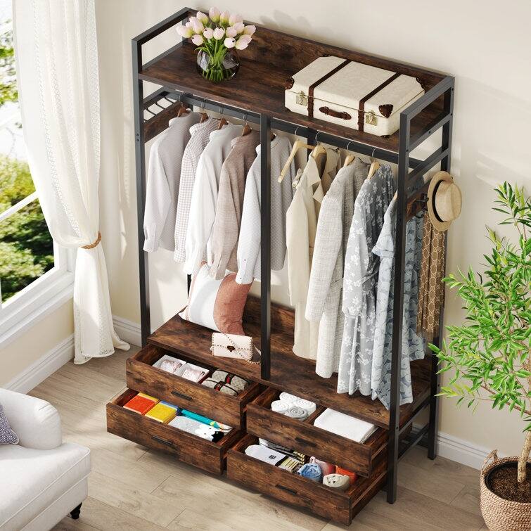 Freestanding Open Wardrobe Closet, Heavy Duty Garment Rack Closet Organizer, Rustic Brown