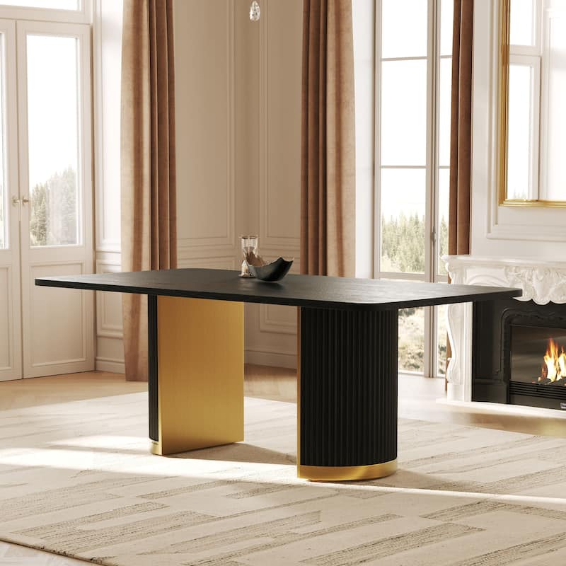 Mid Century Modern Solid Wood Dining Table with Double Pedestal Base - Black - 78 inch