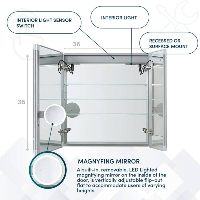 AQUADOM Signature Royale 36W LED Medicine Cabinet Defogger, 3X LED Vertically Adjustable Magnifying Mirror, Electrical Outlets