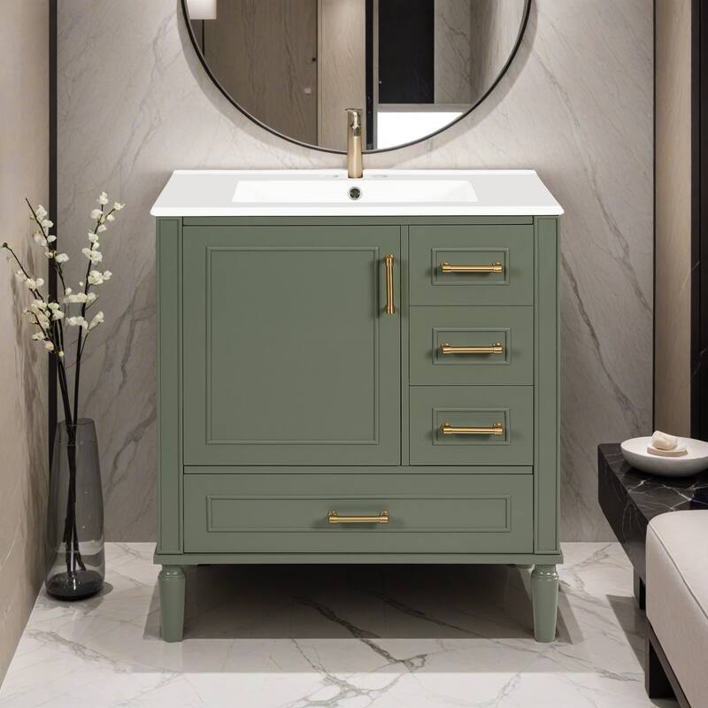 Bathroom Vanity with Ceramic Sink, Soft-Close Door with Built-in Shelf, Deep Drawer, Standard Drawer, Long Divider Drawer