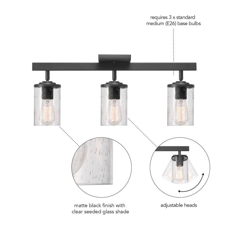 24" 3-Light Track Lighting, Matte Black, Seeded Glass Shades, Pivoting Track Heads - 4.7"