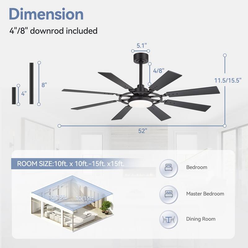 52" Reversible 8-Blade LED Ceiling Fan with Light and Remote