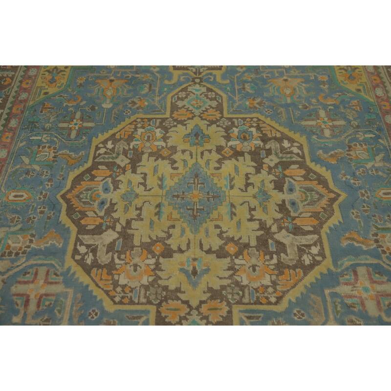 Hand Knotted Oriental 100% Wool Carpet Traditional Floral Navy Blue & Blues Tabriz Area Rug - 9' 6'' X 6' 3''