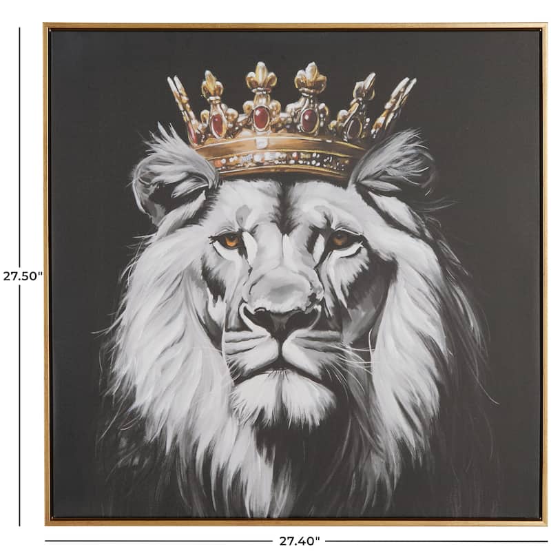 Black Polystone Shaded Lion Framed Wall Art with Gold Jeweled Crown