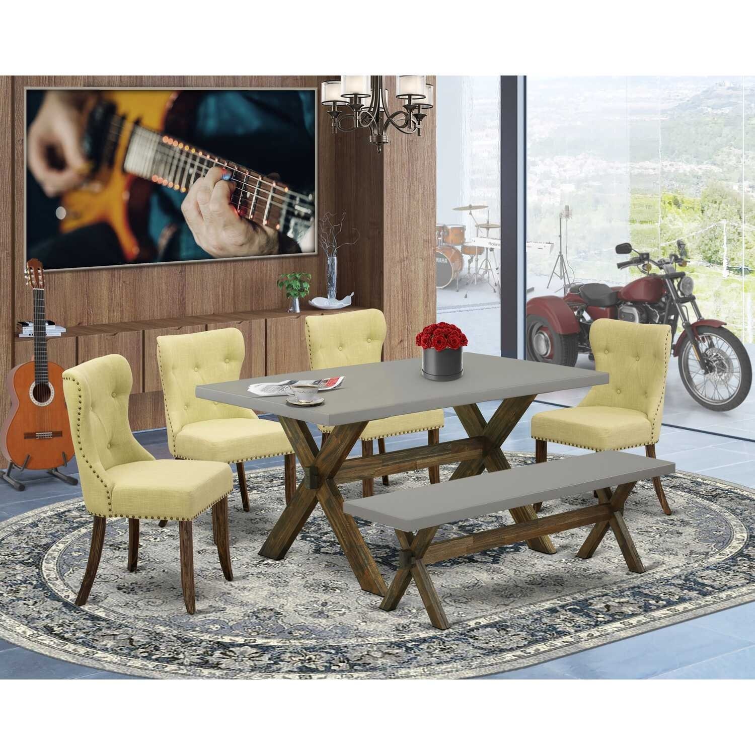 HomeStock 6-Pc Rectangle Natural Oak Finish Solid Wood Top Dining Table with 1-Bench, 4-Chairs