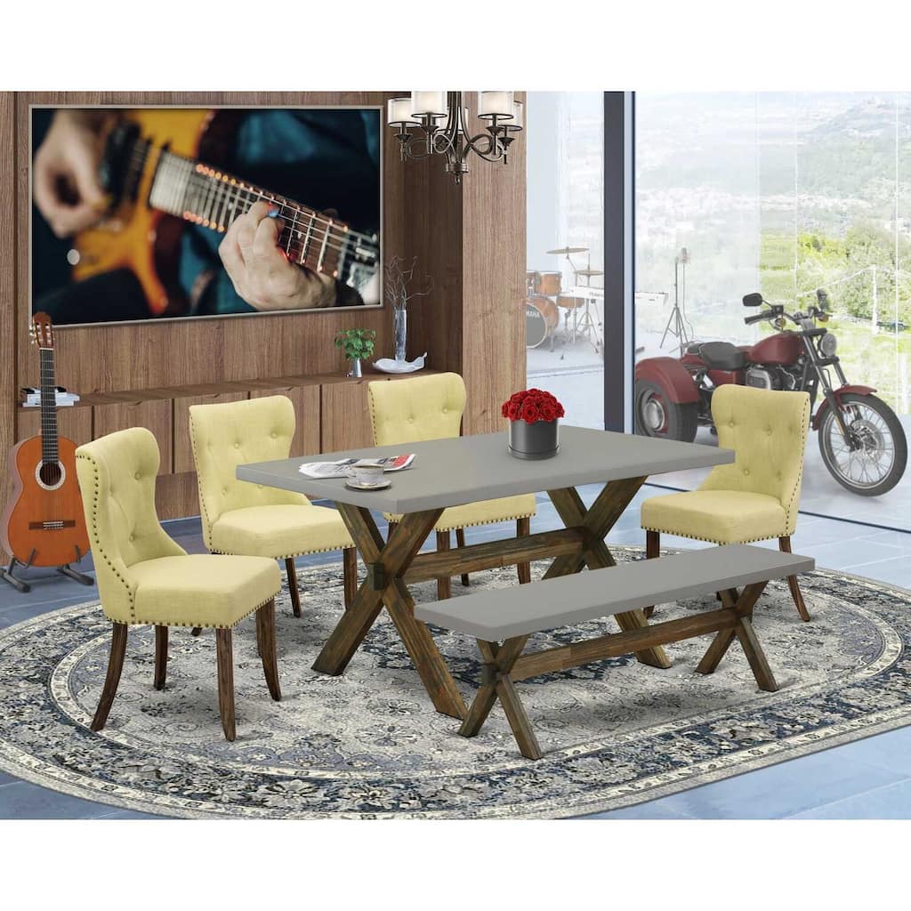 HomeStock 6-Pc Rectangle Natural Oak Finish Solid Wood Top Dining Table with 1-Bench, 4-Chairs