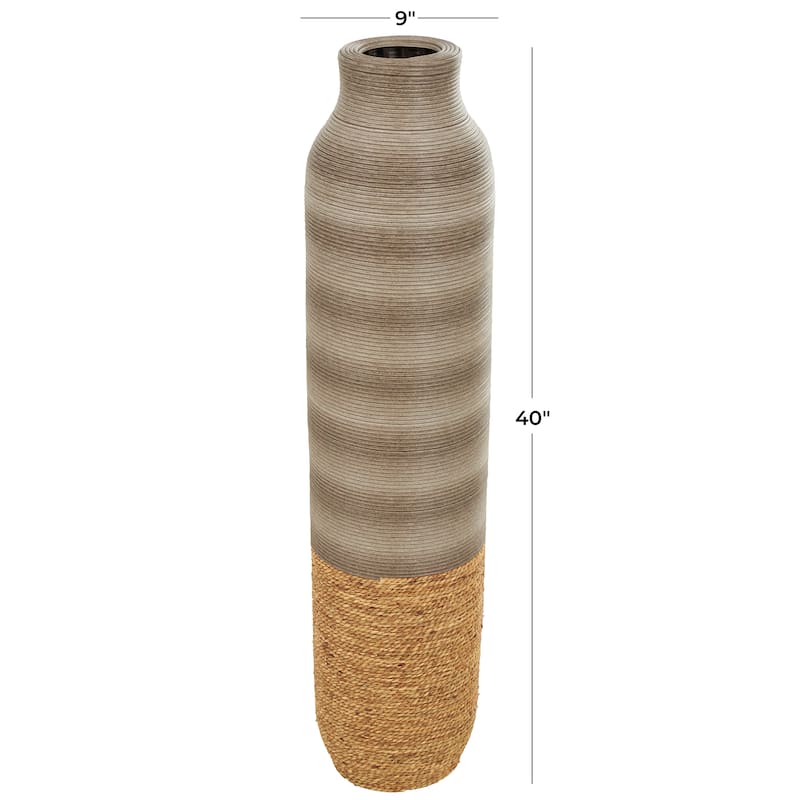 Brown Seagrass Handmade Ribbed Decorative Vase with Coiled Seagrass Base