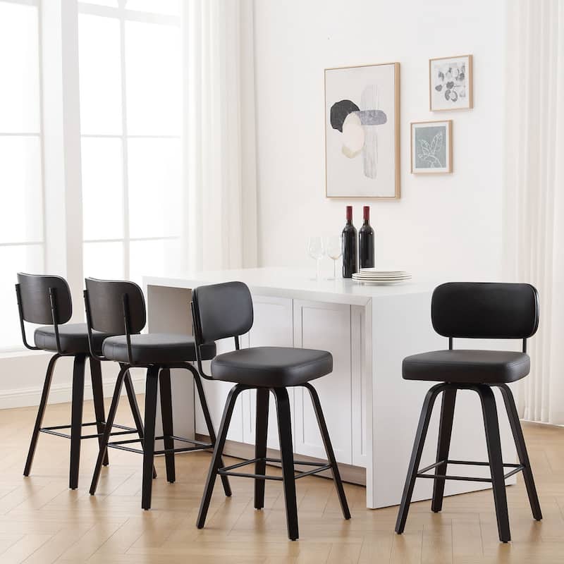 26"/29" Swivel Counter/Bar Stools with Black Bentwood Legs - Set of 4 - Black-Leather Back - Counter Height
