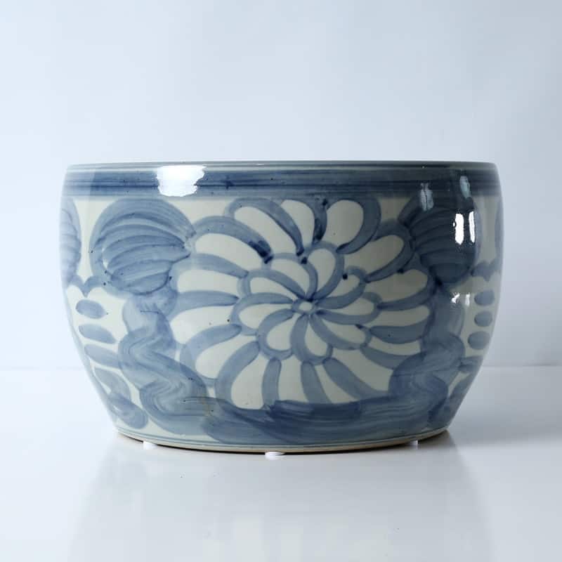 Approx. 14" Wide Blue and White Planter with Flower Motif