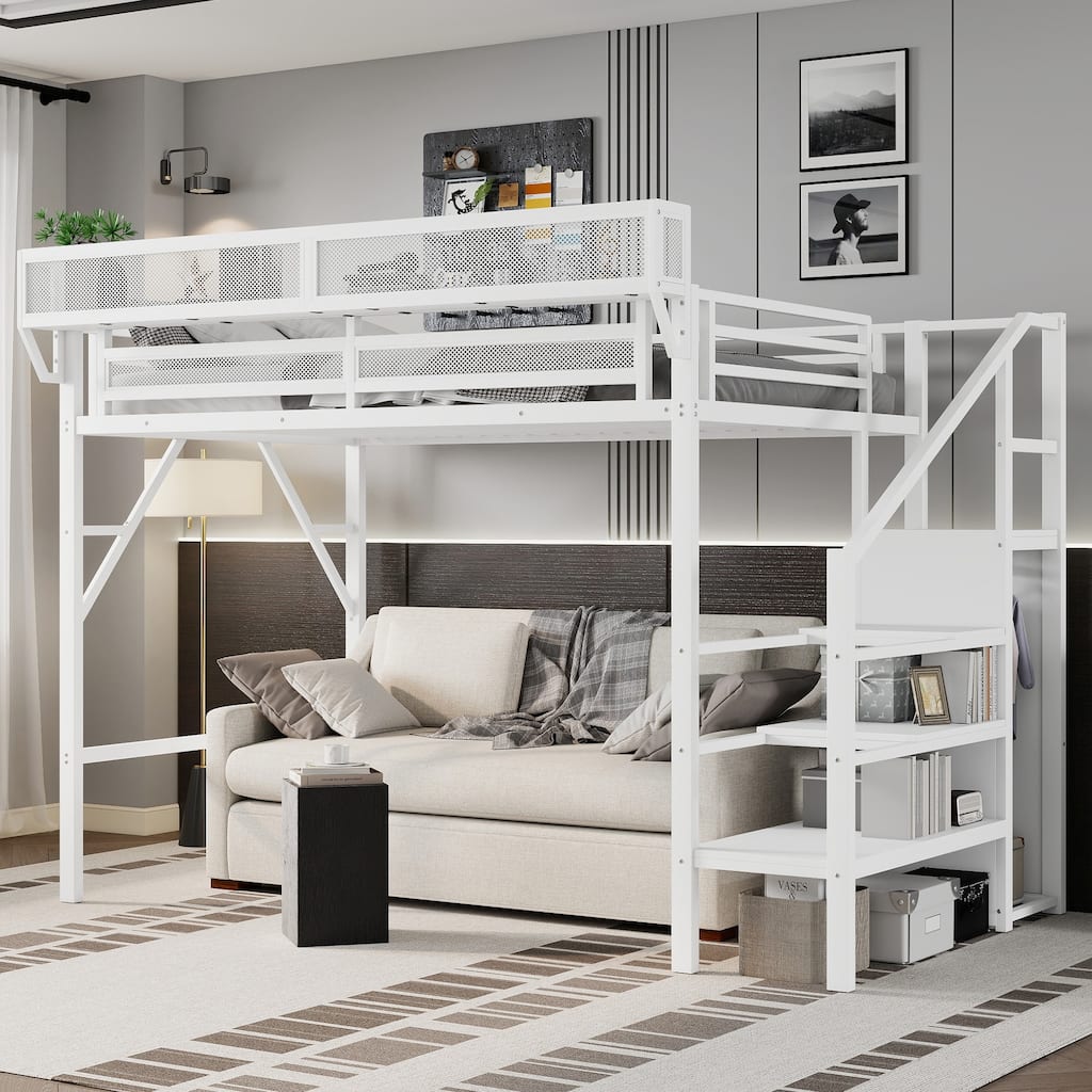 Twin XL Size Loft Bed with Stairs, Metal Full Loft Bed with Storage Shelves, High Loft Bed with Wardrobe for Kids Teens