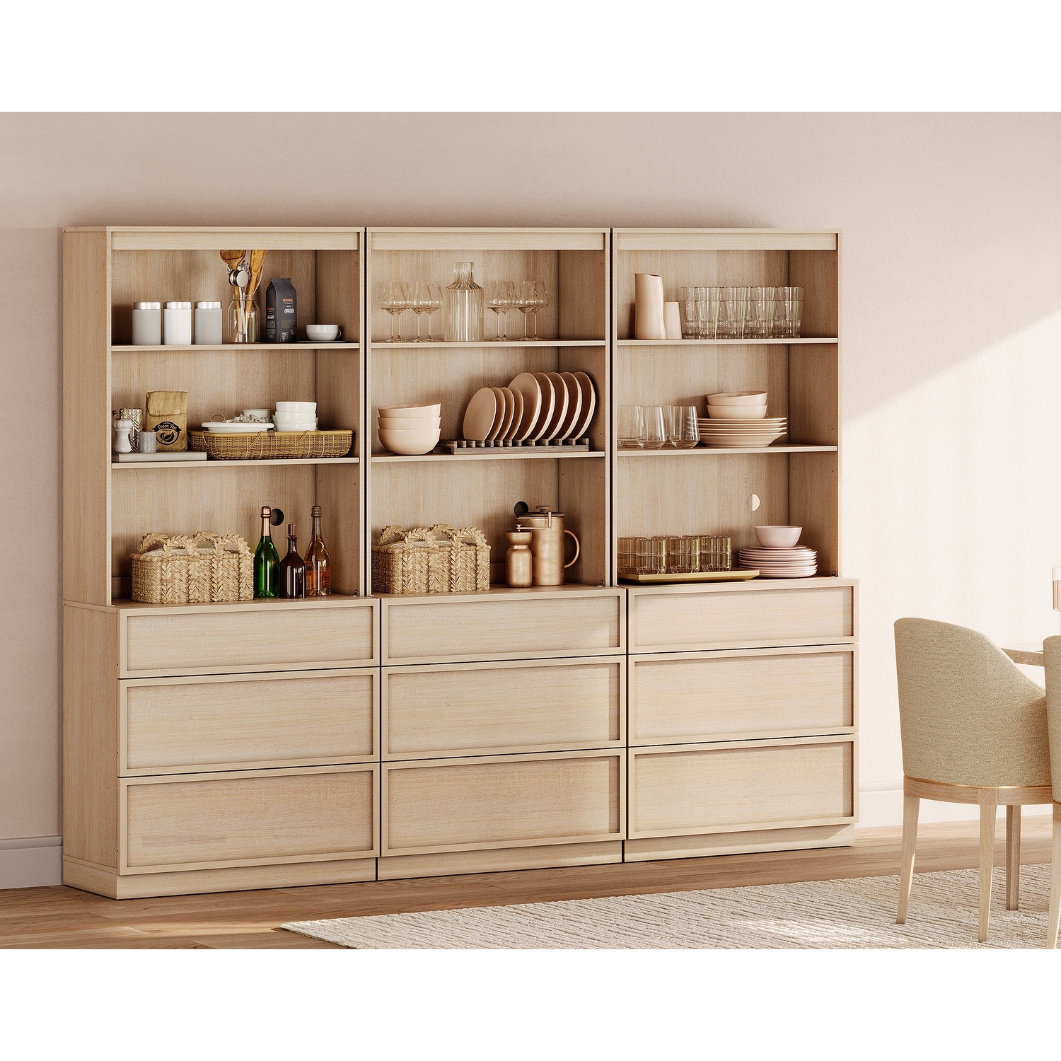 WAMPAT 72" Tall 31.5" Wide Wood Sideboard Buffet with 3 Drawers & Open Shelves for Dining Kitchen