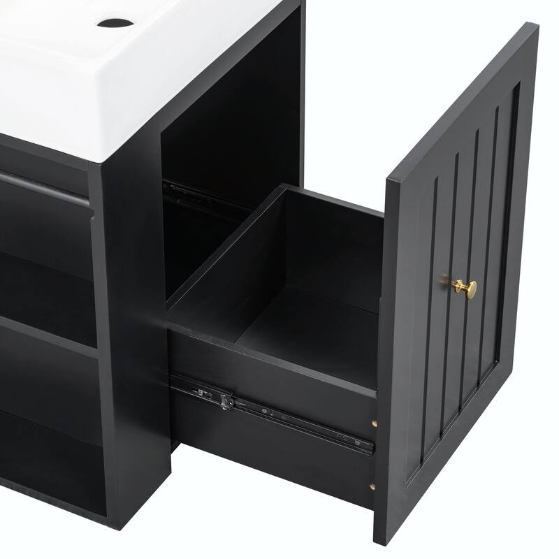 20-Inch Bathroom Vanity with Ceramic Sink - MDF Storage Cabinet with Drawer, Side Shelf and Silver Handle