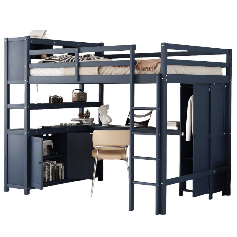 Full Size Wood Loft Bed with Cabinet and Bookshelf,Wardrobe and Desk