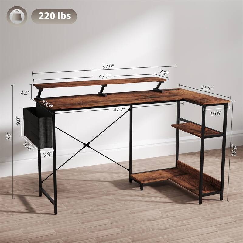 L-Shaped Gaming Desk with Charging Station & RGB LED Lights – Reversible Computer Desk with Monitor Stand