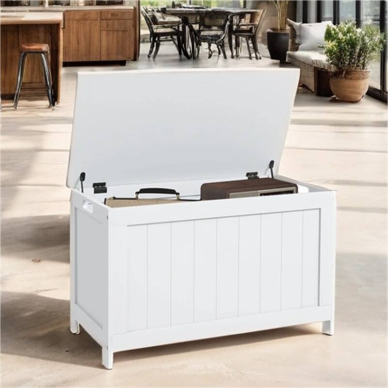 29.9" Wood Storage Box with 2 Safety Hinges and Side Handles - White
