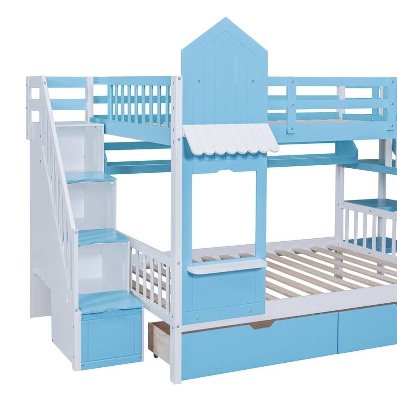 Full-Over-Full Castle Style Bunk Bed with 2 Drawers 3 Shelves and Slide