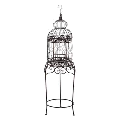 Metal Indoor Outdoor On Removable Stand Birdcage with Latch Lock Closure and Top Hook - Black - Roche River Decor