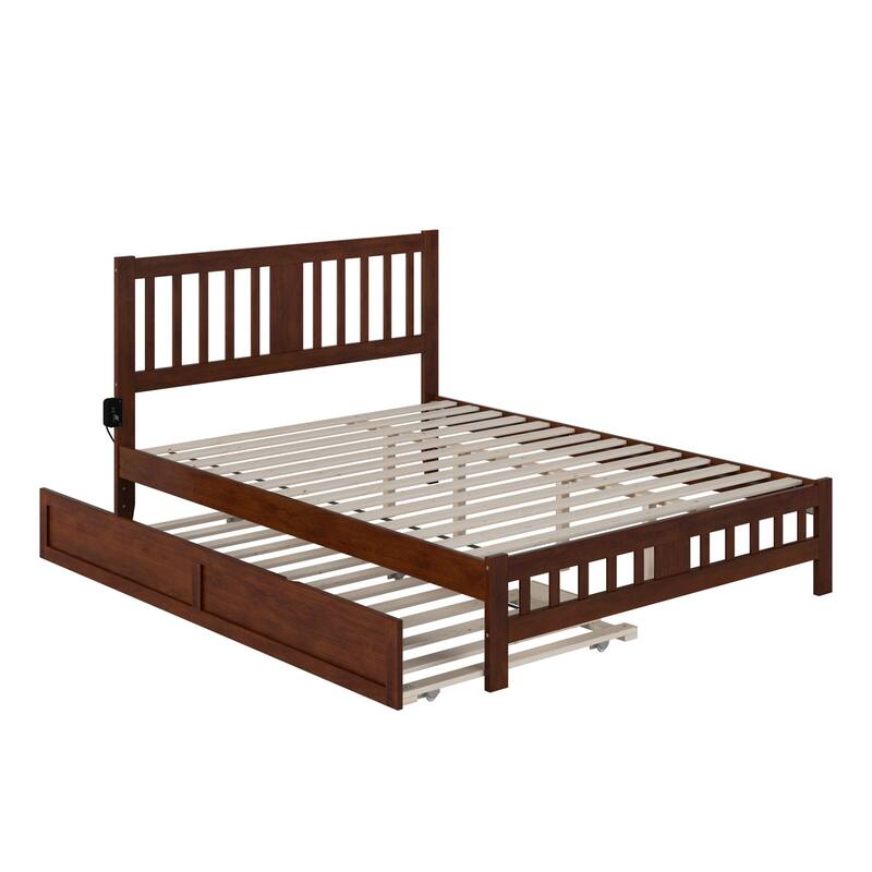 Twin Trundle Bed with Footboard - Walnut Finish, Seaside Style, Solid Wood Frame, Easy Assembly