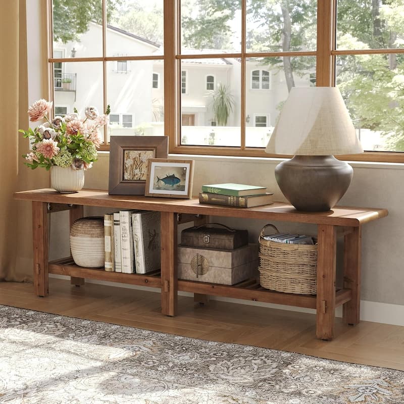 63" Solid Wood Entryway Shoe Bench, Bed End Bench with Storage Shelf - Brown