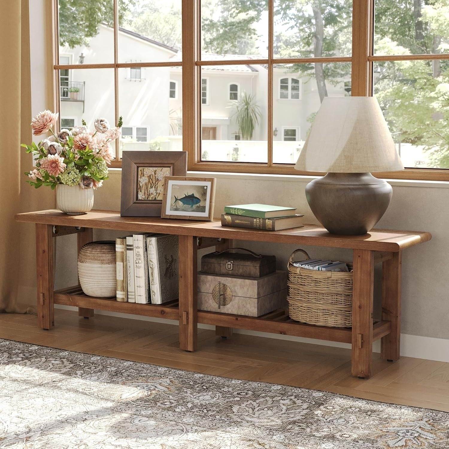 63" Solid Wood Entryway Shoe Bench, Bed End Bench with Storage Shelf
