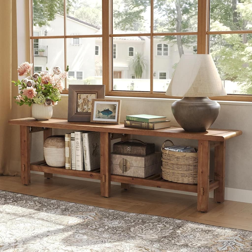 63" Solid Wood Entryway Shoe Bench, Bed End Bench with Storage Shelf