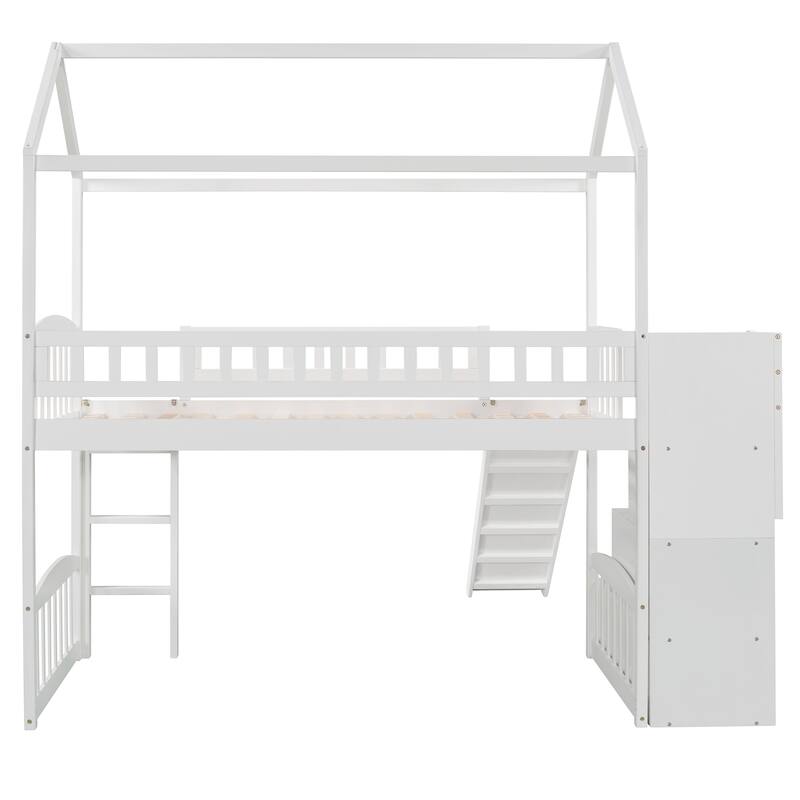 Roomfitters Twin Loft Bed with Slide, Storage Steps and Drawers, House Bed