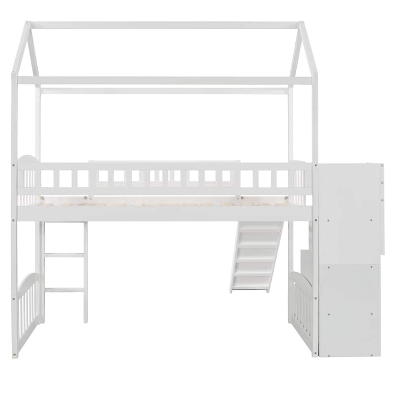 Twin Loft Bed with Two Drawers and Slide, House Bed with Slide, Gray (Old SKU: LP000130AAE)