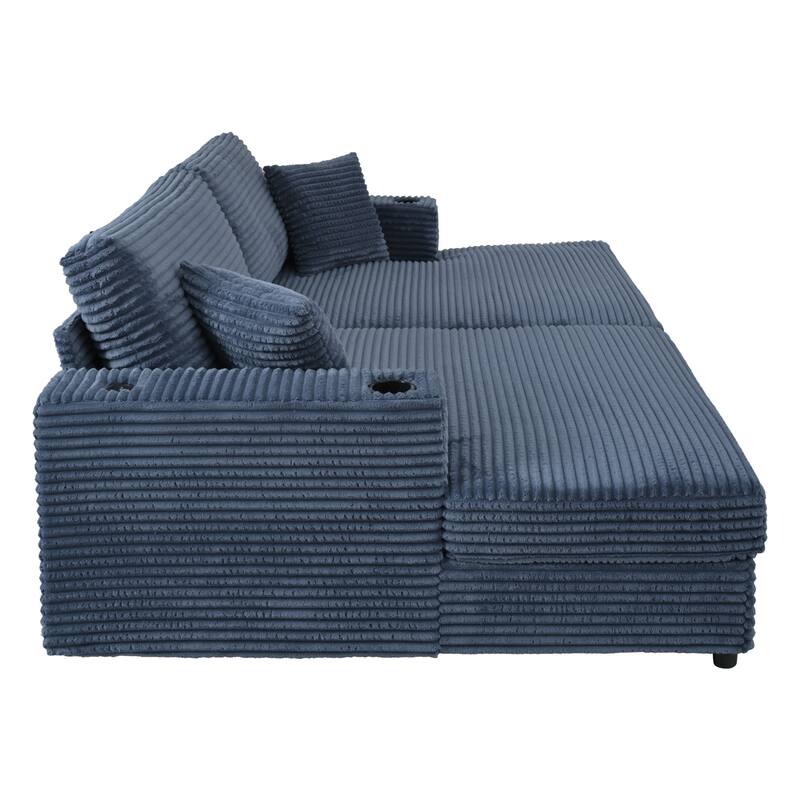 86.5" Corduroy Chaise Lounge Sofa with 2 USB Ports, Cup Holders, and 550lb Capacity